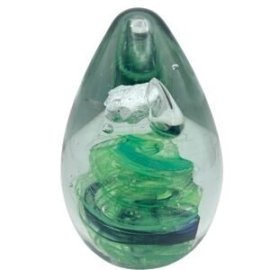 Vintage Kerry Glass Hand Blown Art Paperweight Emerald Lime Green Swirls 4" Tall